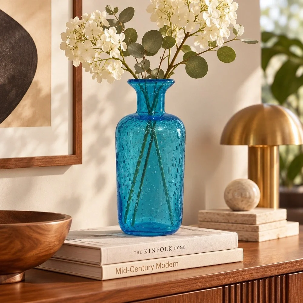 Turquoise Blue Controlled Bubble Art Glass Vase Hand Blown 8.5 inch Cylindrical